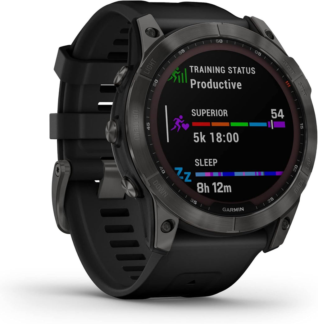 Garmin Fenix 7X Solar, Larger Sized Adventure smartwatch, with Solar Charging Capabilities, Rugged Outdoor Watch with GPS, Touchscreen, Health and Wellness Features, Slate Gray with Black Band