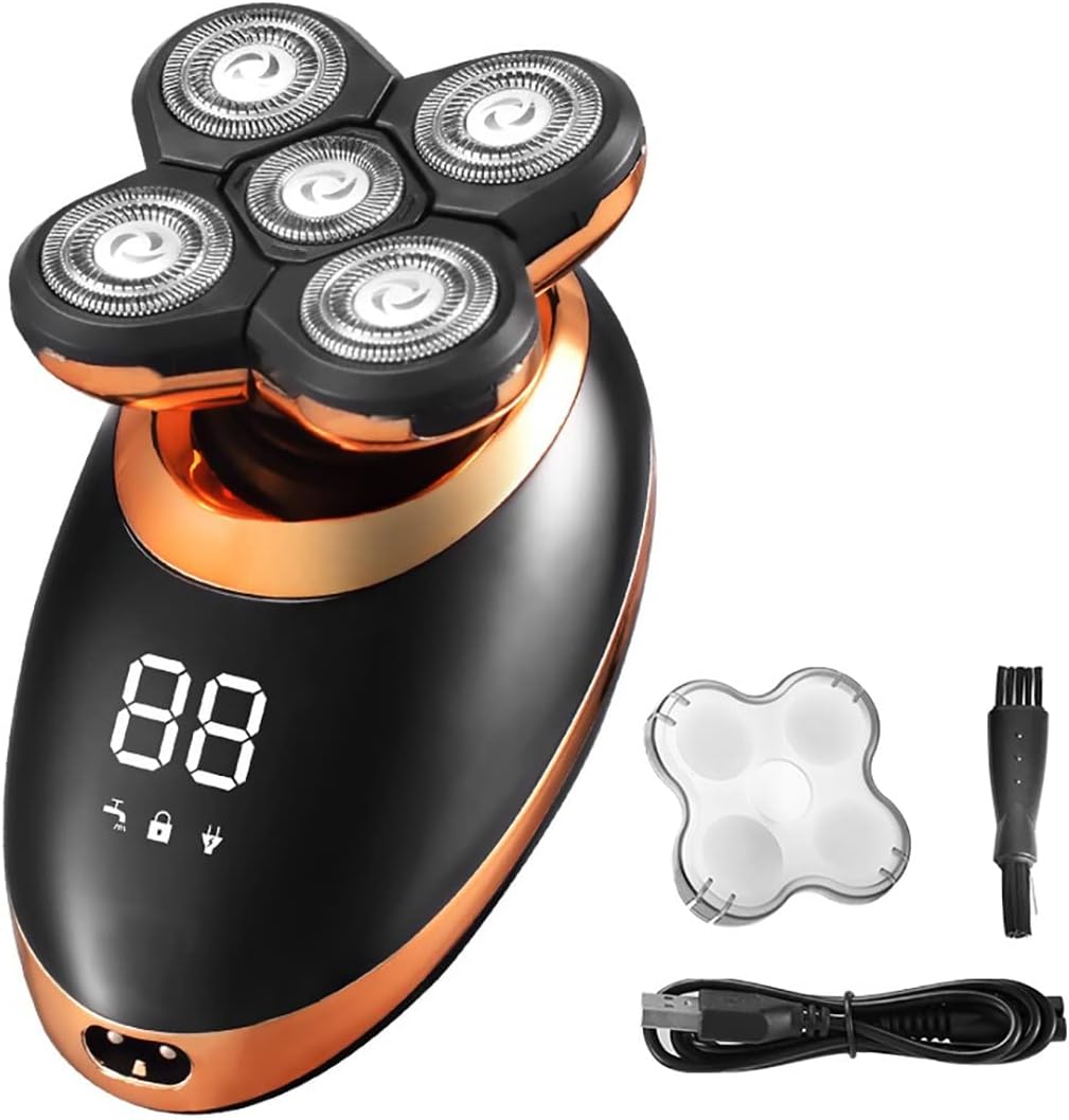 Electric Razor for Men, Electric Shaver for Men Beard Hair Trimmer Electric Razor 5D Floating Five Blade Heads Electric Nose Hair Trimmer LCD Display ( Color : Golden-Package B )