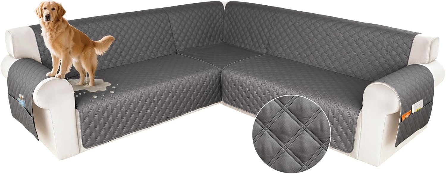 HDCAXKJ Waterproof Sectional Couch Cover L Shaped Sofa Covers Washable Corner Sectional Slipcovers Dog Pet Proof U Shape Furniture Protector with Upgraded Anti Slip Strips (XX-Large, Dark Grey)