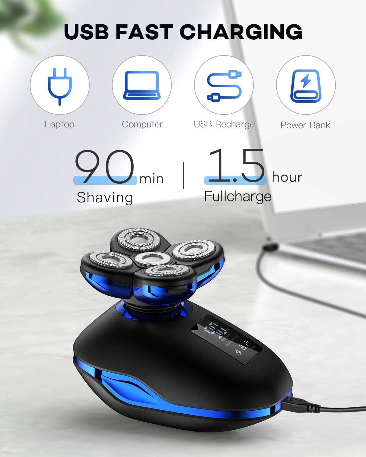 Electric Razor for Men, 5in1 Digital Display Wet Dry Electric Shaver Men Bald Shaving Machine Beard Hair Trimmer Body Facial Electric Razor Rechargeable ( Color : OneColor )