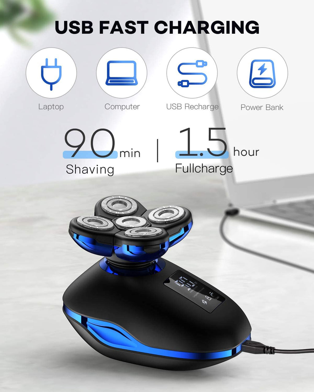 Electric Razor for Men, 5in1 digital display wet dry electric shaver men bald shaving machine beard hair trimmer body facial electric razor rechargeable (Color : Silver)