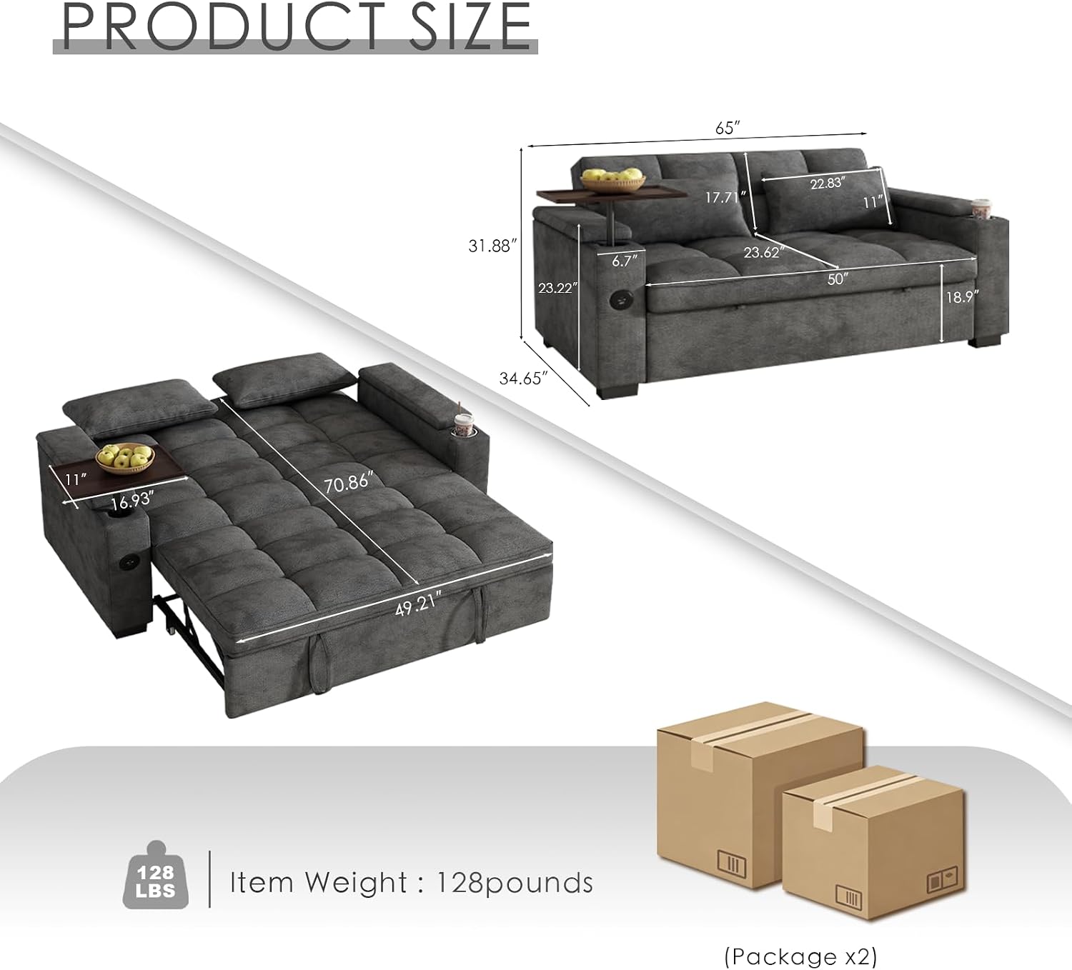 Dreamzie 65'' Convertible Sleeper Sofa Bed with 90° Swivel Side Table, Chenille Pull Out Couch for Living Room, Loveseat Sleeper with Hidden Storage Space | Charging Port | Cup Holders, Grey
