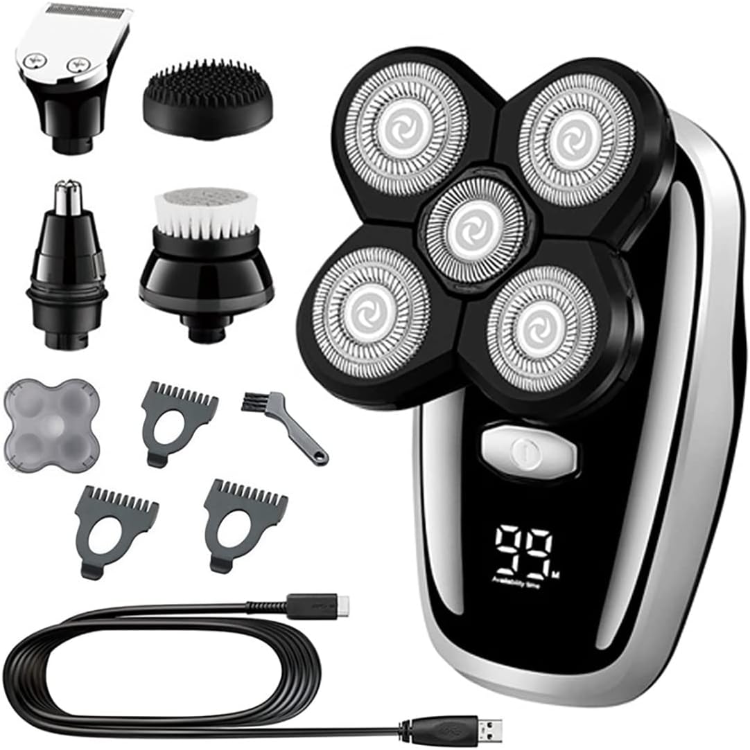 Head Shaver for Men, 5 in 1 Grooming Kits Electric Shaver Facial Body Electric Razor for Men Beard Wet Dry Rotary Shaving Machine Bald Rechargeable Set