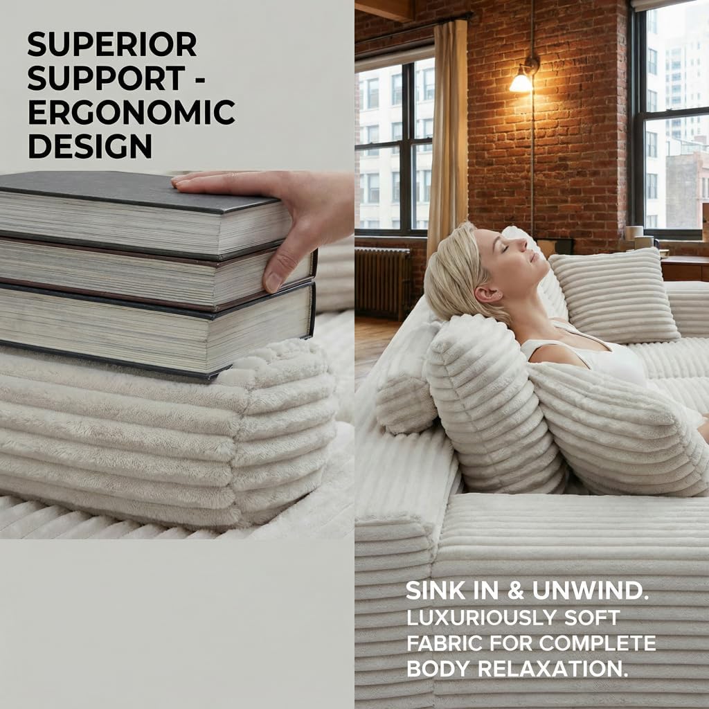 Luxury Cloud Sectional Couch, Modular Boneless Sofa, Corduroy Fabric Memory Foam Sofa in a Box, Modern Deep Seat Oversized Living Room Furniture, No Assembly Double-Layer Soft Cushion