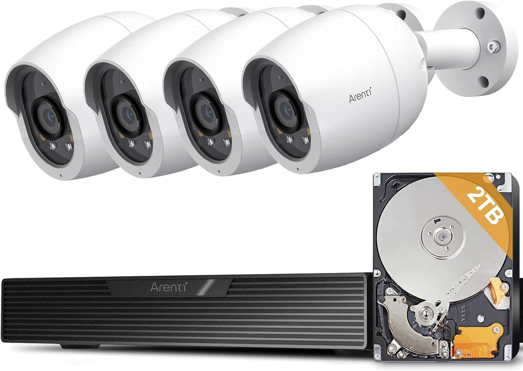 ARENTI 8MP PoE IP Camera Outdoor, 4K Bullet Surveillance Cameras for Home Security, Human/Vehicle/Pet/Package Detection, 4Pack POE Security Cameras Wired, H.265 8CH NVR with 2TB HDD for 24/7 Recording