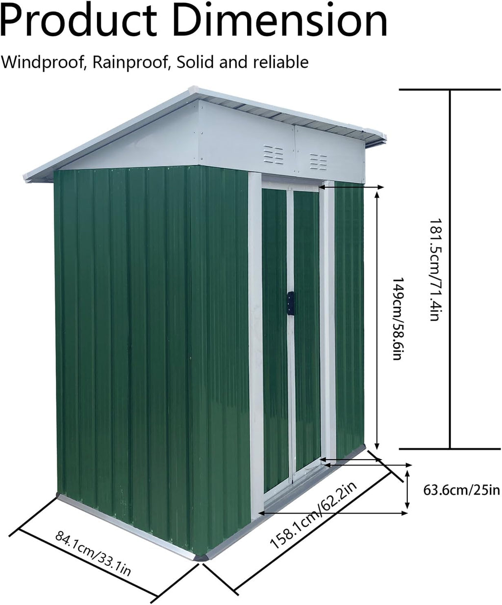 5FT x 3FT Metal Storage Shed – Green Outdoor Lean-to Shed, Galvanized Steel & Aluminum Alloy, Lockable Sliding Door for Garden Tools, Pet House, Pool Toys & More