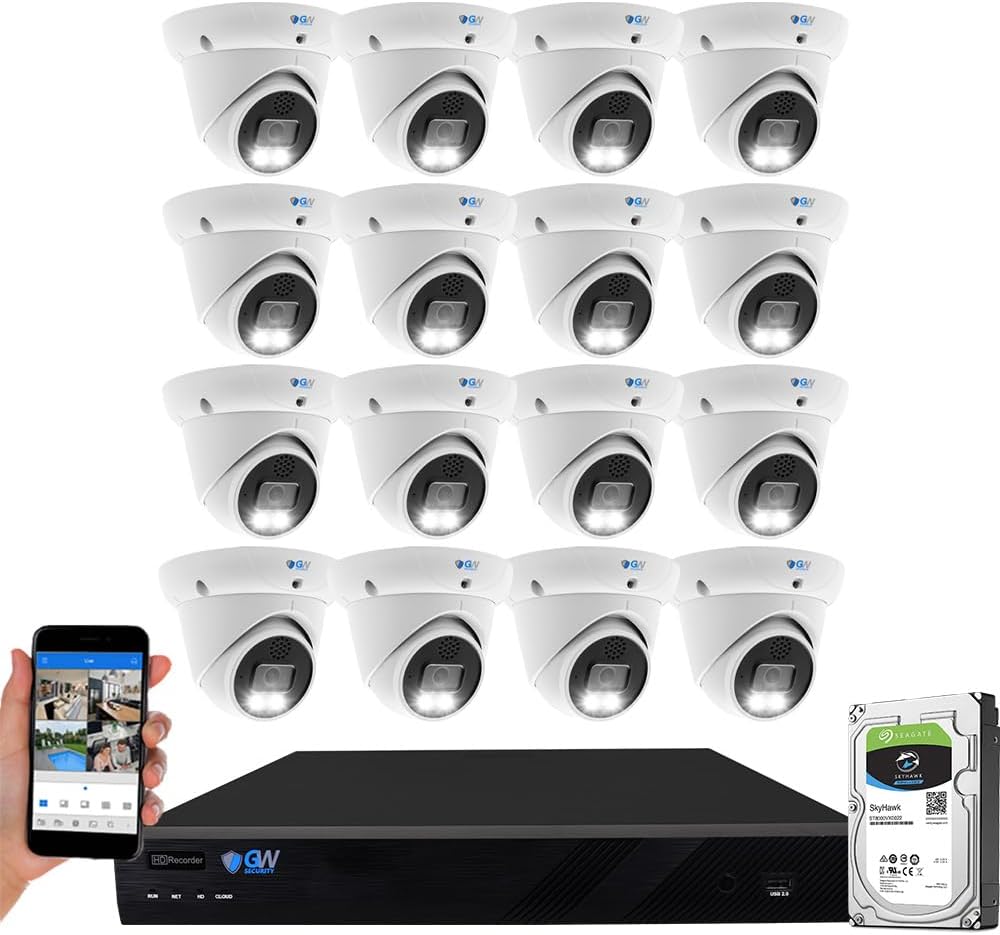 GW Security 16 Channel Two-Way Audio Full-Time Color Night Vision Surveillance Security Camera System with 16 Super HD 5MP 30FPS Real-Time Outdoor PoE Security AI Face Recognition Turret Cameras