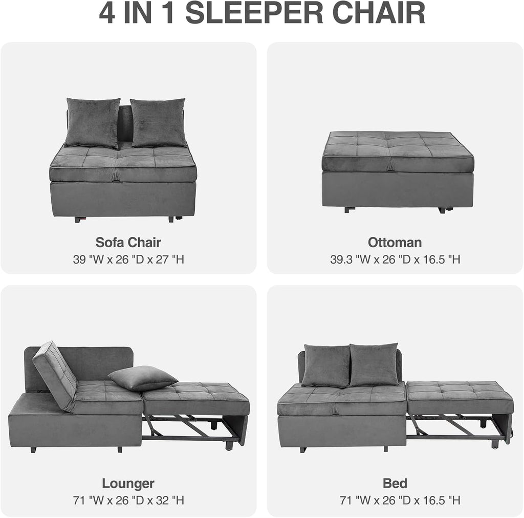 Sofa Bed 4-in-1 Convertible pull out Couch, Velvet Love seat Couch Sleeper Chair Bed with 2 Throw Pillow, Single Recliner with 5 Adjustable Backrests for Living Room Apartment Small Space, Light Grey