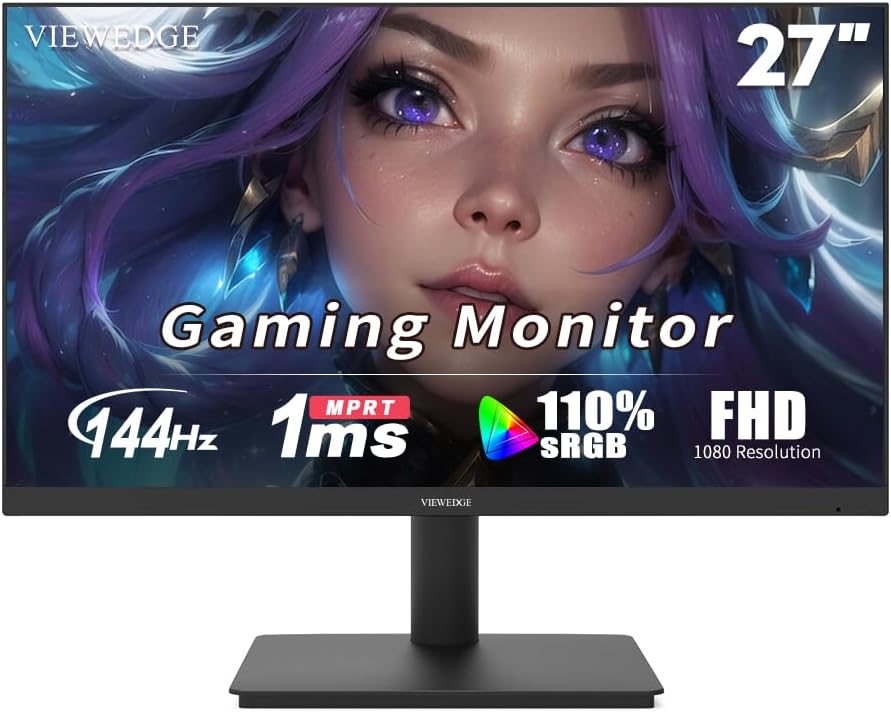 Viewedge 27 Inch Gaming Monitor 1080p 144hz, 1ms IPS FHD Computer Monitor with 110% sRGB, Bluelight Filter, HDMI & VGA Port, Support Wall Mount