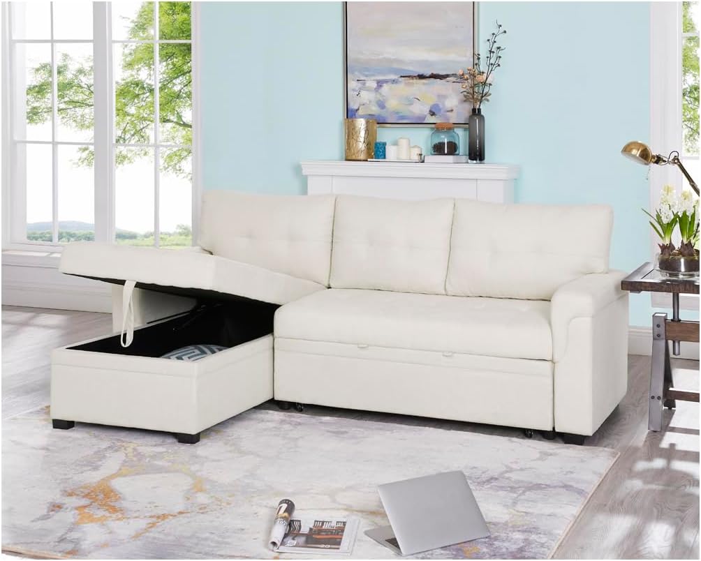 Naomi Home L Shaped Sectional Couch with Storage & Pull Out Bed – 3-in-1 Convertible Sleeper Sofa Bed, Small L Shape Sofa for Living Room, Sofa Bed with Storage Chaise in Cream, Velvet
