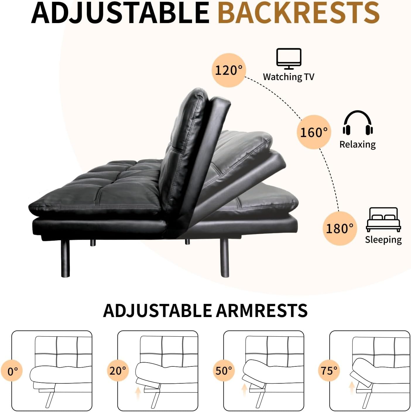 MUUEGM Convertible Memory Foam Sofa Bed with Adjustable Backrest & Armrest, Modern Futon Couch for Living Room, Office, Apartment, Space-Saving Design, Easy Assembly,Black