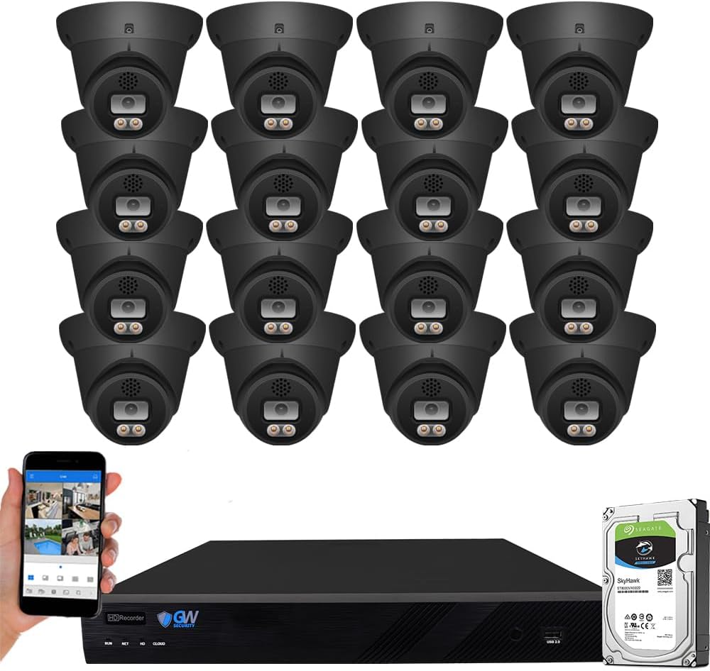 GW Security 16 Channel 12MP NVR 4K Fulltime Color Night Vision Security Camera System with 16 x 8MP IP Two-Way Audio Alarm Lights AI PoE Dome Security Cameras, Face Recognition, Human & Car Detection