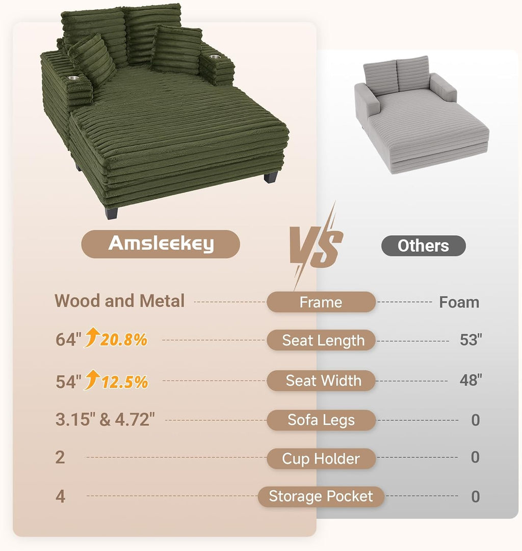 Amsleekey 64' Chaise Lounge Chair Indoor, Oversized Sleeper Chair with Wood Frame, Upholstered Sofa Bed for Living Room, Movie Room, Bedroom with 4 Storage Pockets&2 Cup Holders(Plush Corduroy, Green)
