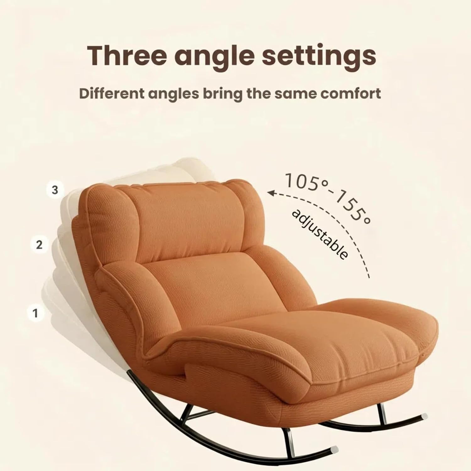 Sofa Rocking Chair Metal Frame with Adjustable Backrest Comfortable Decorative Chair Modern Ergonomic Sofa for Living Room Bedroom (Orange)