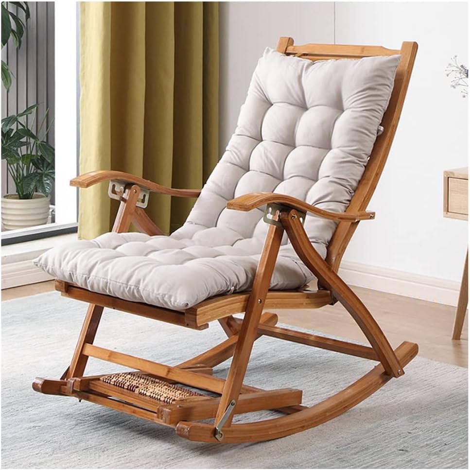 Folding Chair Indoor Padded, Rocking Chair with Ottoman, Wooden Frame Adjustable Reclining Chair with Footrest Headrest Removable Cushion Portable Deck Recliner for Living Room, White