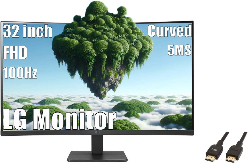 LG 32 inch Curved Monitor, FHD VA Display, 100Hz, 5ms, AMD FreeSync, Dynamic Action Sync, Black Stabilizer, Reader Mode, Flicker Safe, OnScreen Control, Auto Input Switch, with 5ave HDMI Cable