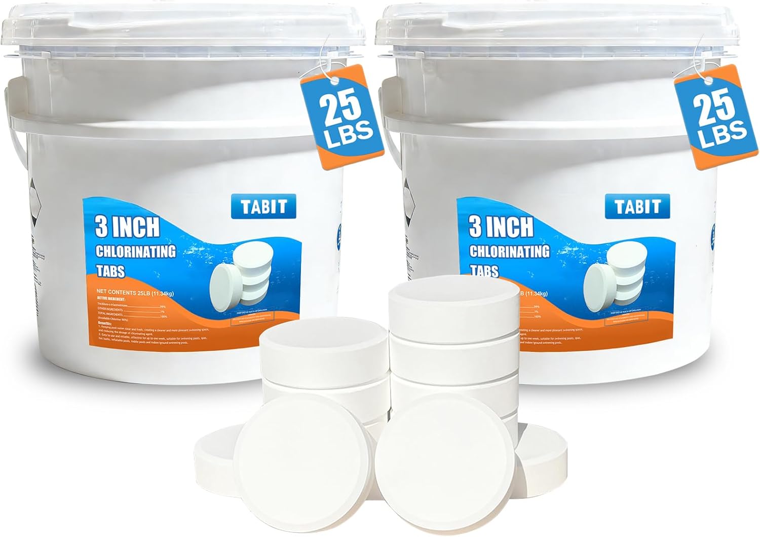 TABIT 50 lbs Chlorine Tablets 3 Inch for Swimming Pools – Slow Dissolving & Long Lasting – 99% Available Chlorine Tri-Chlor – Kills Bacteria & Stops Algae – 2 x 25 lb Buckets