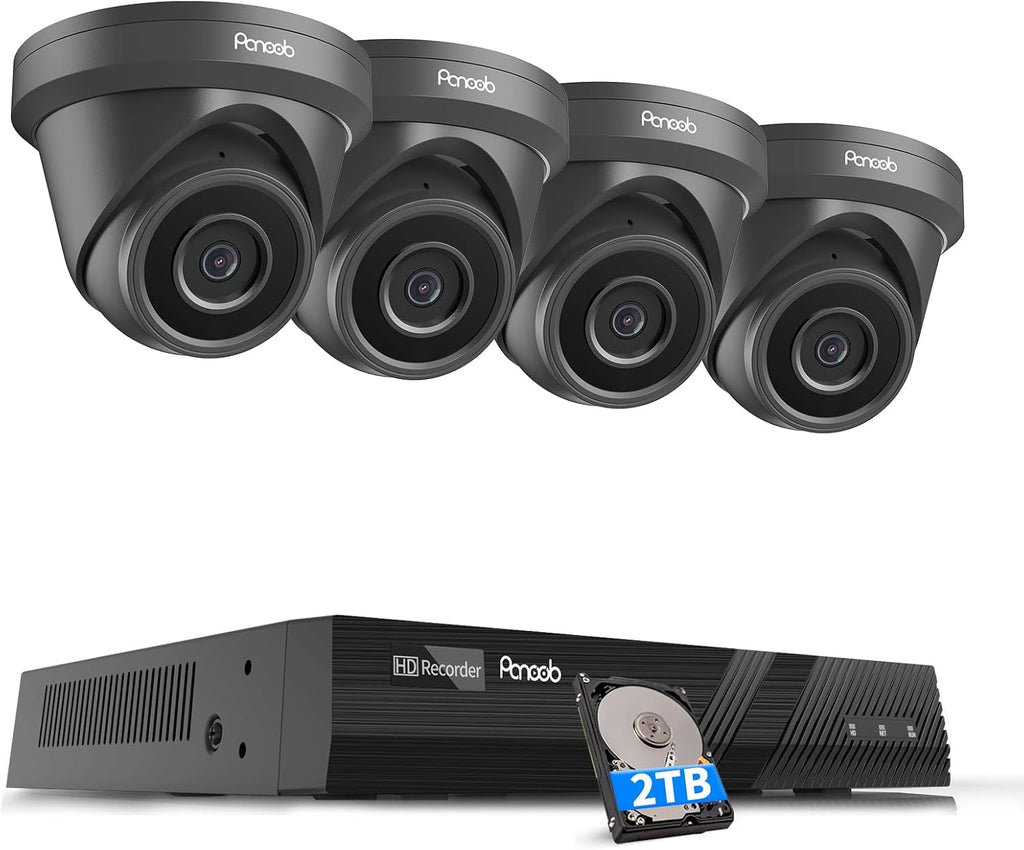 4 Camera Security System 5MP, 4X 5-Megapixel Wired IP Dome Turret Cameras Outdoor with AI Person Detection, Built-in Mic, Remote Access, 4K 8CH NVR 2TB HDD for 24-7 Recording, PD93A30408-5M