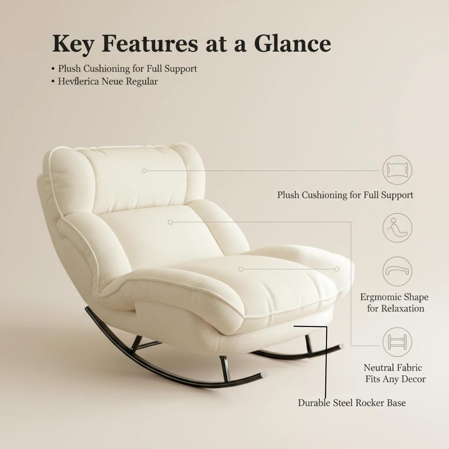 Sofa Rocking Chair Metal Frame with Adjustable Backrest Comfortable Decorative Chair Modern Ergonomic Sofa for Living Room Bedroom