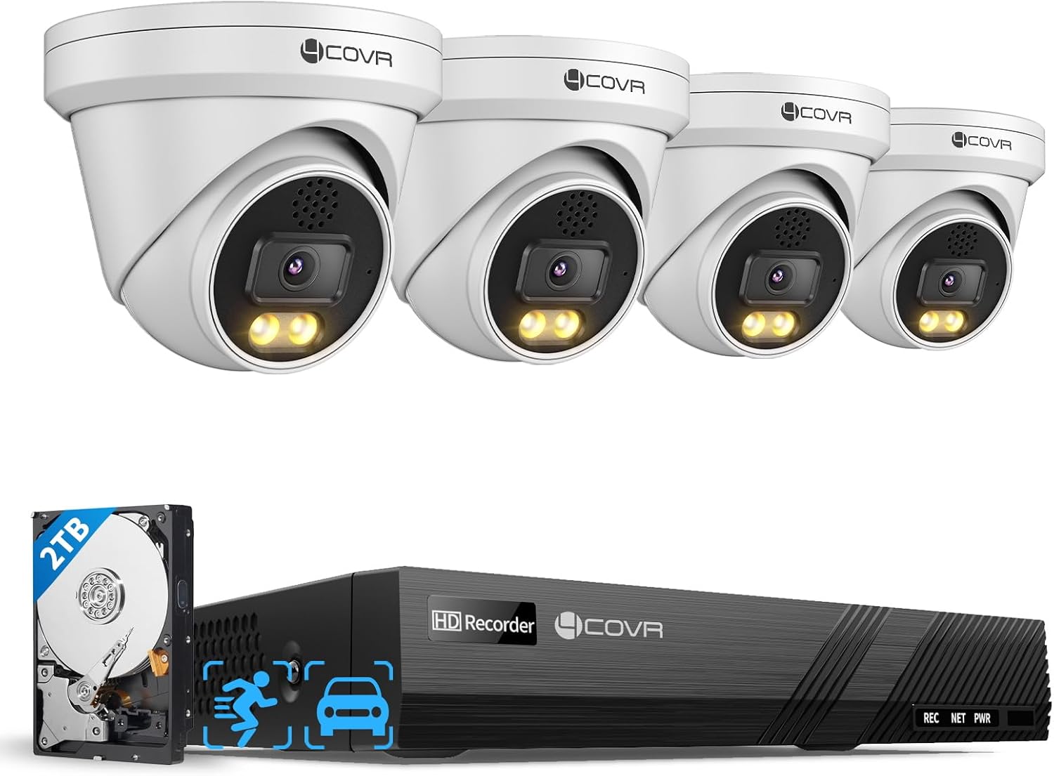 4COVR PoE Security Camera System 4K, 2 Way Audio Talk & Dual Lights Smart Color Night Vision, Person Vehicle Detection, 4X 8MP Dome IP Camera IP67, 8CH 8MP NVR 2TB HDD, 24/7 Home Video, LY97KA8M0804
