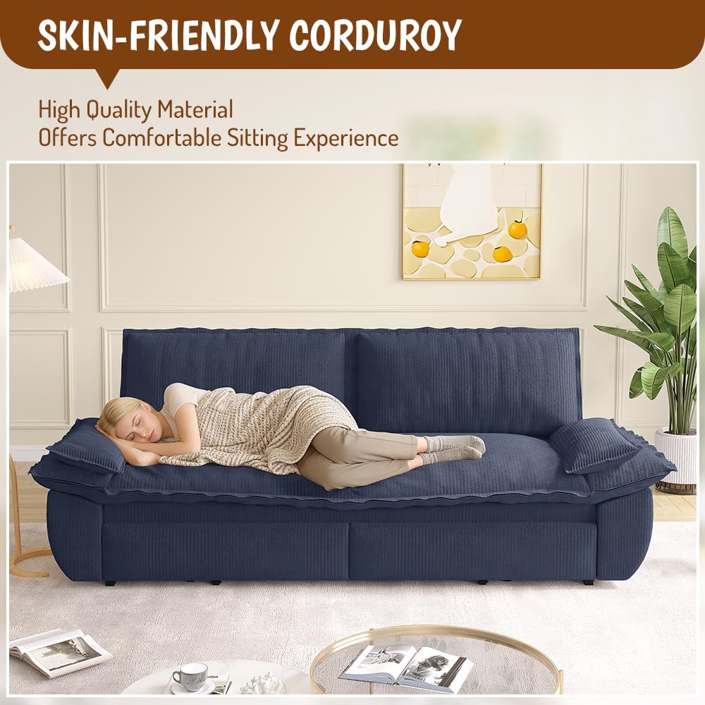 KEIKI 73.2' Queen Convertible Sofa Bed, 3-in-1 Pull Out Sleeper Couch with Compact Design, Corduroy Futon Loveseat Sofa for RV Camper Apartment Small Space Flexible Furniture Solution