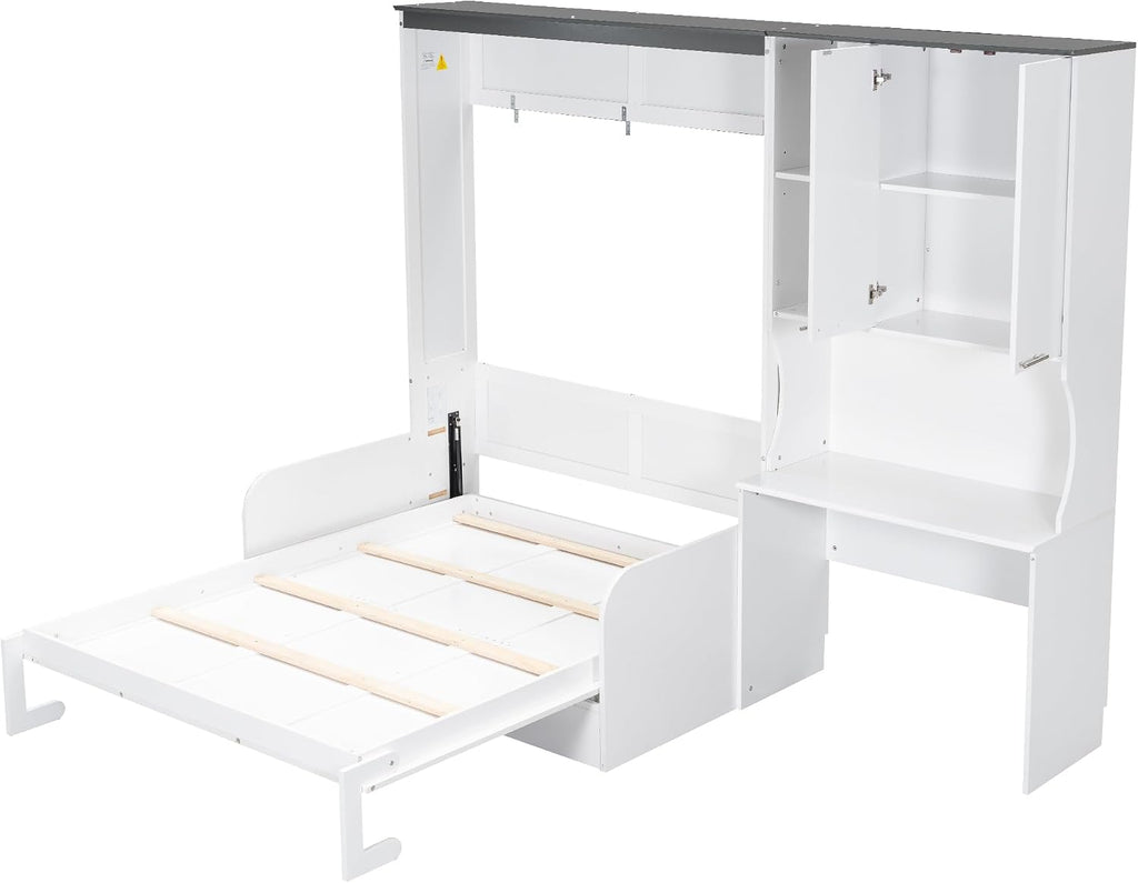 Merax Farmhouse Multi-Functional Murphy Bed with Sofa, Desk & Storage Cabinet,Solid Wood Foldable Wall Bed/Space Saving/No Box Spring Needed/Full,White + Gray
