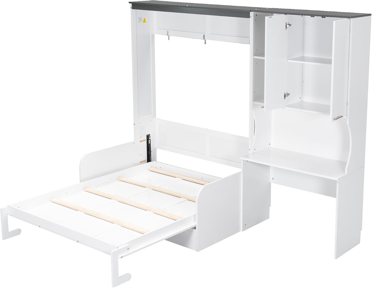 Merax Farmhouse Multi-Functional Murphy Bed with Sofa, Desk & Storage Cabinet,Solid Wood Foldable Wall Bed/Space Saving/No Box Spring Needed/Full,White + Gray