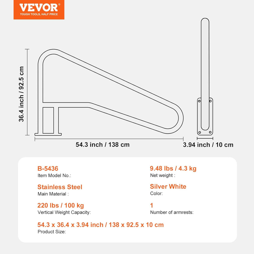 VEVOR Pool Rail 54x36 Pool Railing 304 Stainless Steel 250LBS Load Capacity Silver Rustproof Pool Handrail Humanized Swimming Pool Handrail with Blue Grip Cover & M8 Drill Bit & Self-Taping Screws