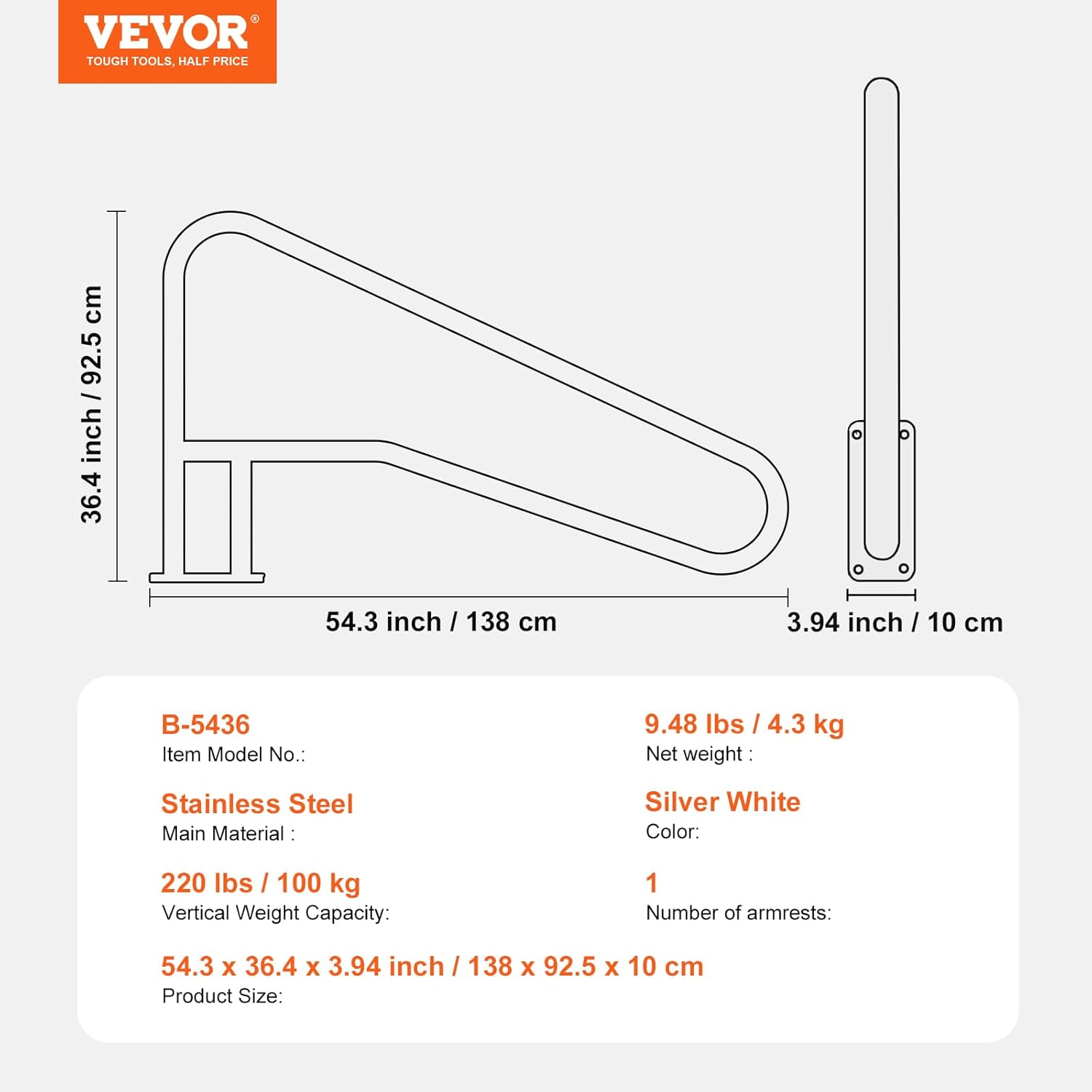 VEVOR Pool Rail 54x36 Pool Railing 304 Stainless Steel 250LBS Load Capacity Silver Rustproof Pool Handrail Humanized Swimming Pool Handrail with Blue Grip Cover & M8 Drill Bit & Self-Taping Screws