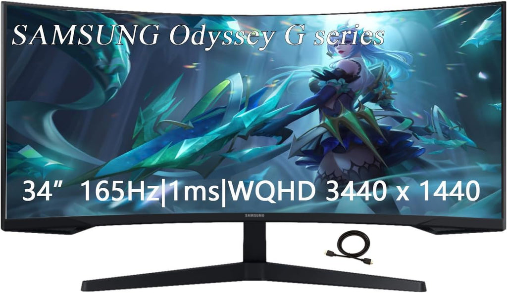 Samsung 34' Odyssey G Series WQHD Gaming Monitor, FreeSync Premium, 1000R UltraWide Curved, 165Hz, 1ms, Black, with GSF HDMI Cable