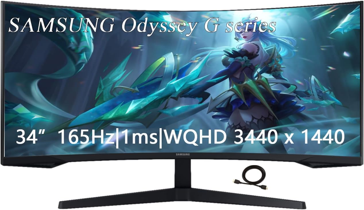 Samsung 34' Odyssey G Series WQHD Gaming Monitor, FreeSync Premium, 1000R UltraWide Curved, 165Hz, 1ms, Black, with GSF HDMI Cable
