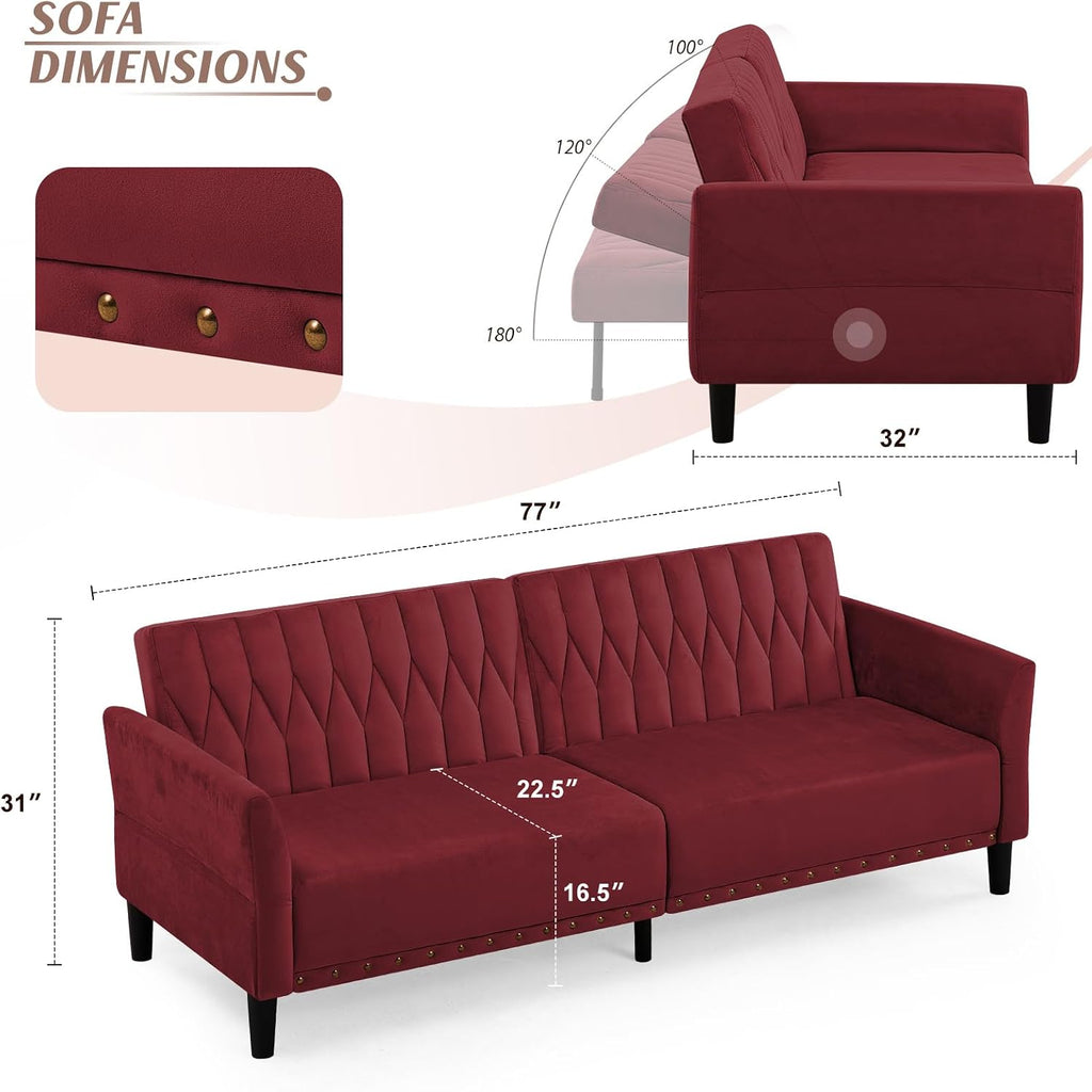 77' Velvet Sofa Bed with Adjustable Armrests and Backrests,Tufted Convertible Futon Couch with Nailhead Trim, Loveseat Modern Velvet Sleeper Sofa for Living Room,Bedroom,Office, Red
