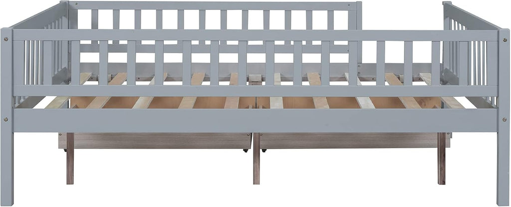 Montessori Bed Frame with Fence Railings and 2 Drawers for Kids,Full Size Wood Low Platform Bed Frame with Full-Length Safety Guardrails for Boys Girls,No Box Spring Needed,Grey