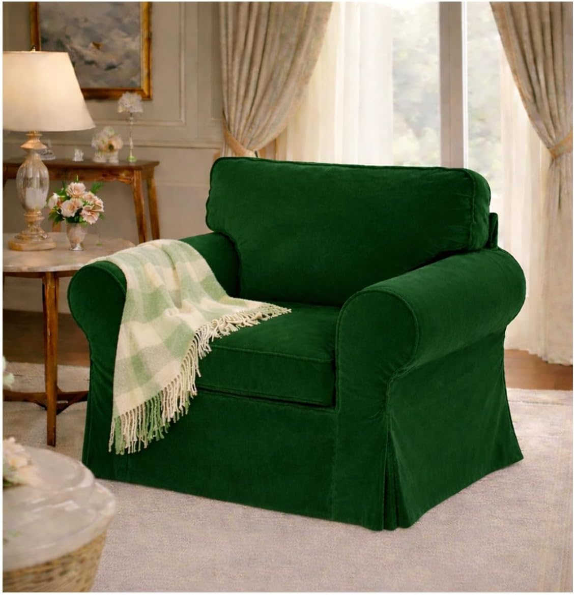 Velvet Pets Friendly Sofa Covers Custom Made Compatible for IKEA Ektorp Sofa Slipcovers (Velvet Green Ektorp Chair)