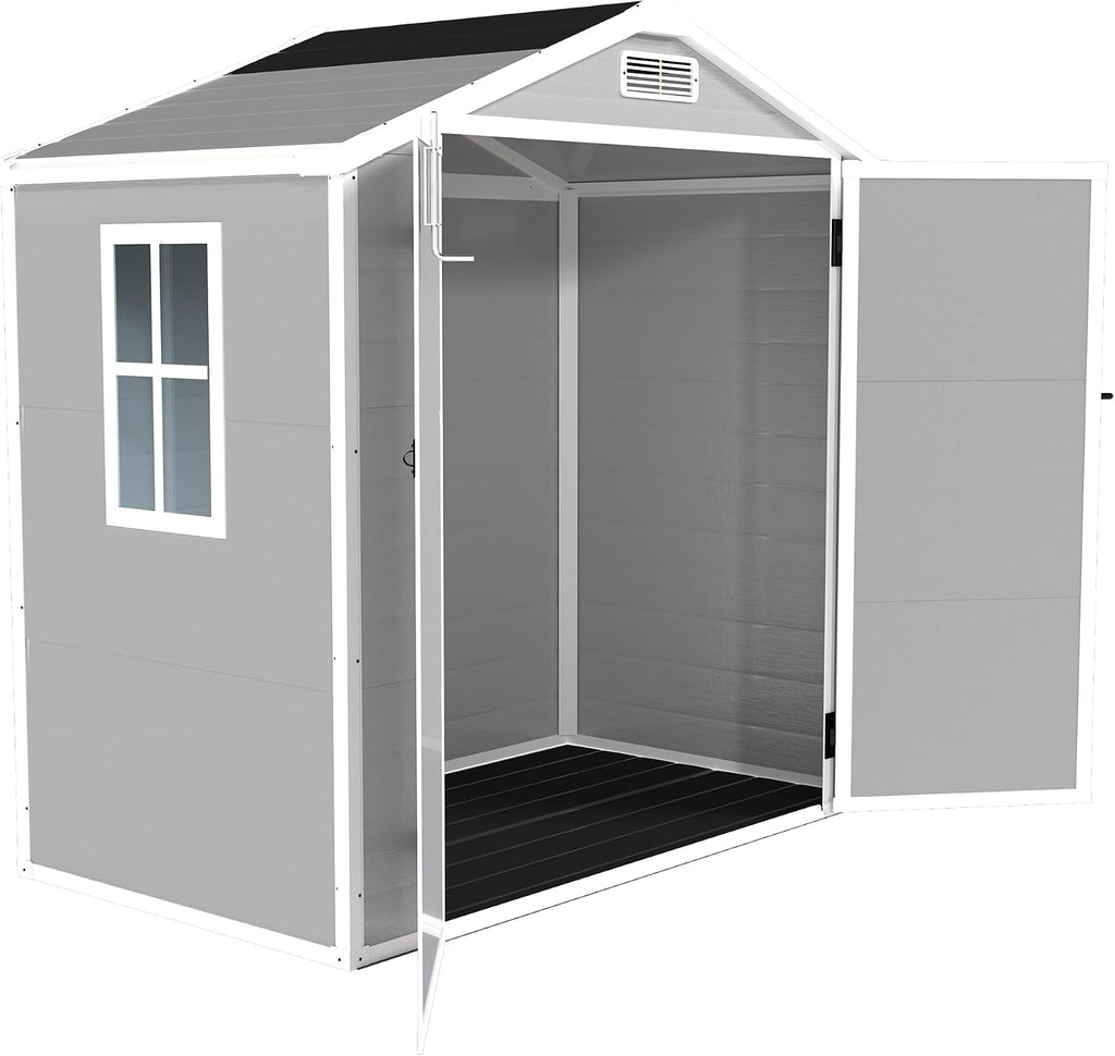 Ball & Cast 6x6 FT Storage Shed, Waterproof Resin Outdoor Tool Cabinet with Floor & Window,Garden House w/Lockable Doors and Vents,for Bicycles,Lawnmowers,Lawn,All Weather Use,Light Grey
