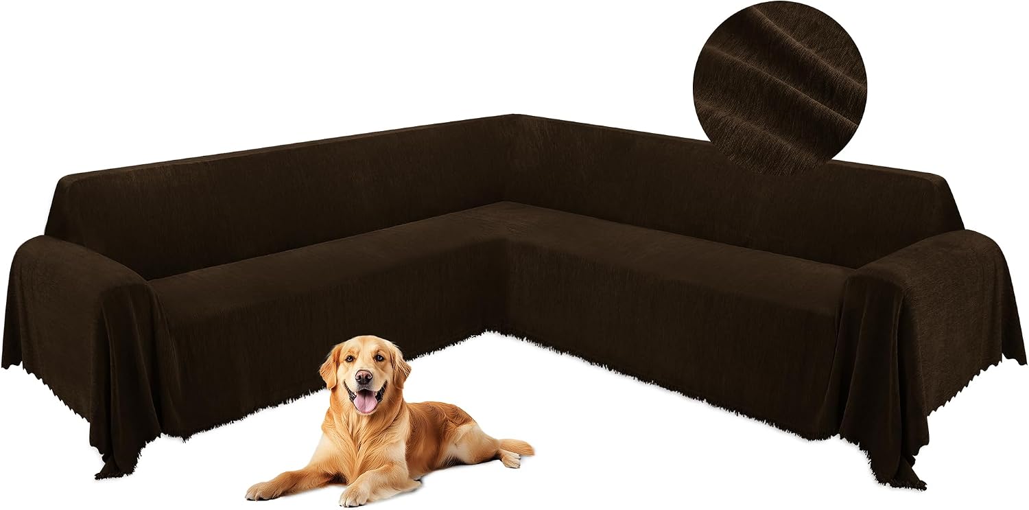 HDCAXKJ Corner Sectional Couch Covers for Dogs L Shape Sofa Cover with Tassel Chenille Super Soft Non Slip U Shaped Couch Cover Blanket Washable Sectional Slipcover Protector (Chocolate, 91x276 inch)