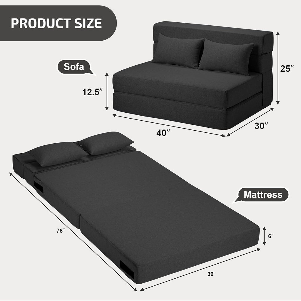 SUYOLS Folding Sofa Bed with Pillows- Convertible Chair Floor Couch & Sleeping Mattress, Foldable Memory Foam Sleeper for Living Room/Dorm/Guest Room/Home Office/Apartment/Loft, Twin, Dark Gray