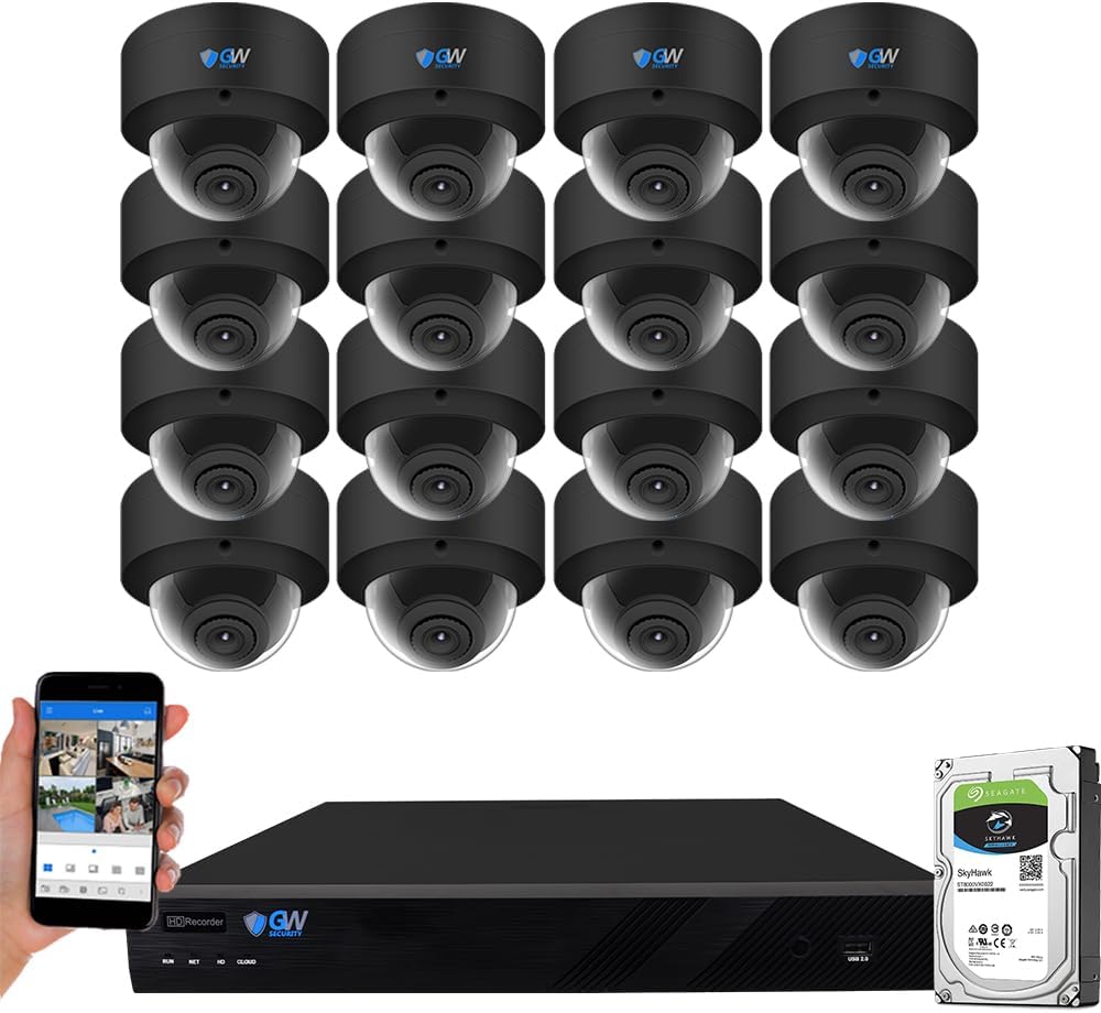 GW Security 16 Channel 12MP NVR UltraHD 4K Smart AI Human/Cars Detection PoE Security Camera System with 16 x 8MP Waterproof Microphone 135° Wide Angle Outdoor Indoor Dome Cameras (Black)