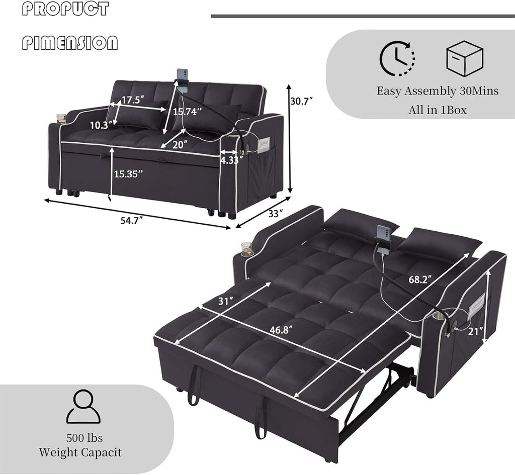 Convertible Sofa Bed, 3 in 1 Futon Sofa Bed with USB Charging Ports, Cup Holder, Phone Stand & Pocket, Modern Upholstered Sleeper Sofa for Living Room, Apartment or Small Space (Grey-L)