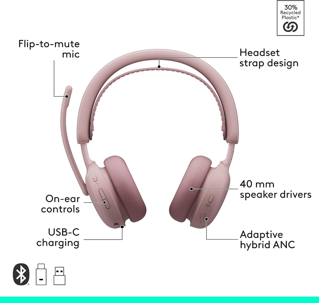 Logitech Zone Wireless 2 ES for Business - Noise-Canceling Wireless Headset with Adaptive Hybrid ANC, Bluetooth, USB-C & USB-A, Microsoft Teams Certified - Rose