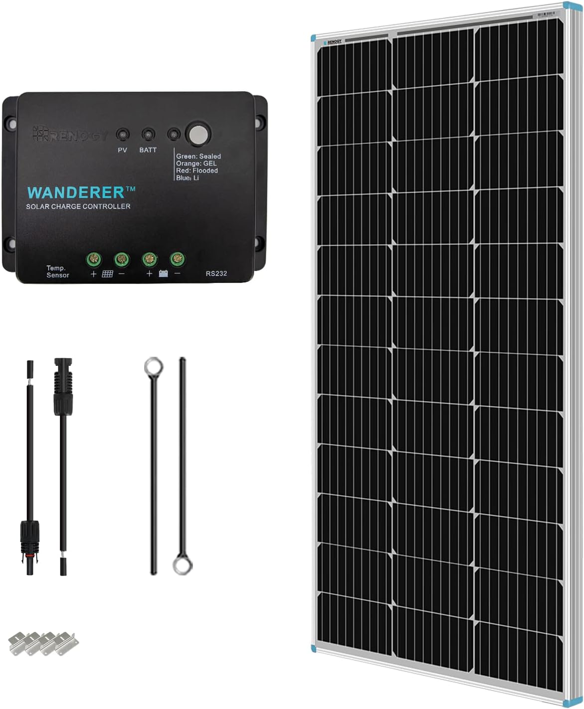 Renogy 100W 12V Solar Panel Starter Kit, 100 Watt Monocrystalline Solar Panel, 30A LCD PWM Charger Controller, Adaptor Kit, Tray Cables, Z Brackets for RV, Camper, and Other Off Grid Applications