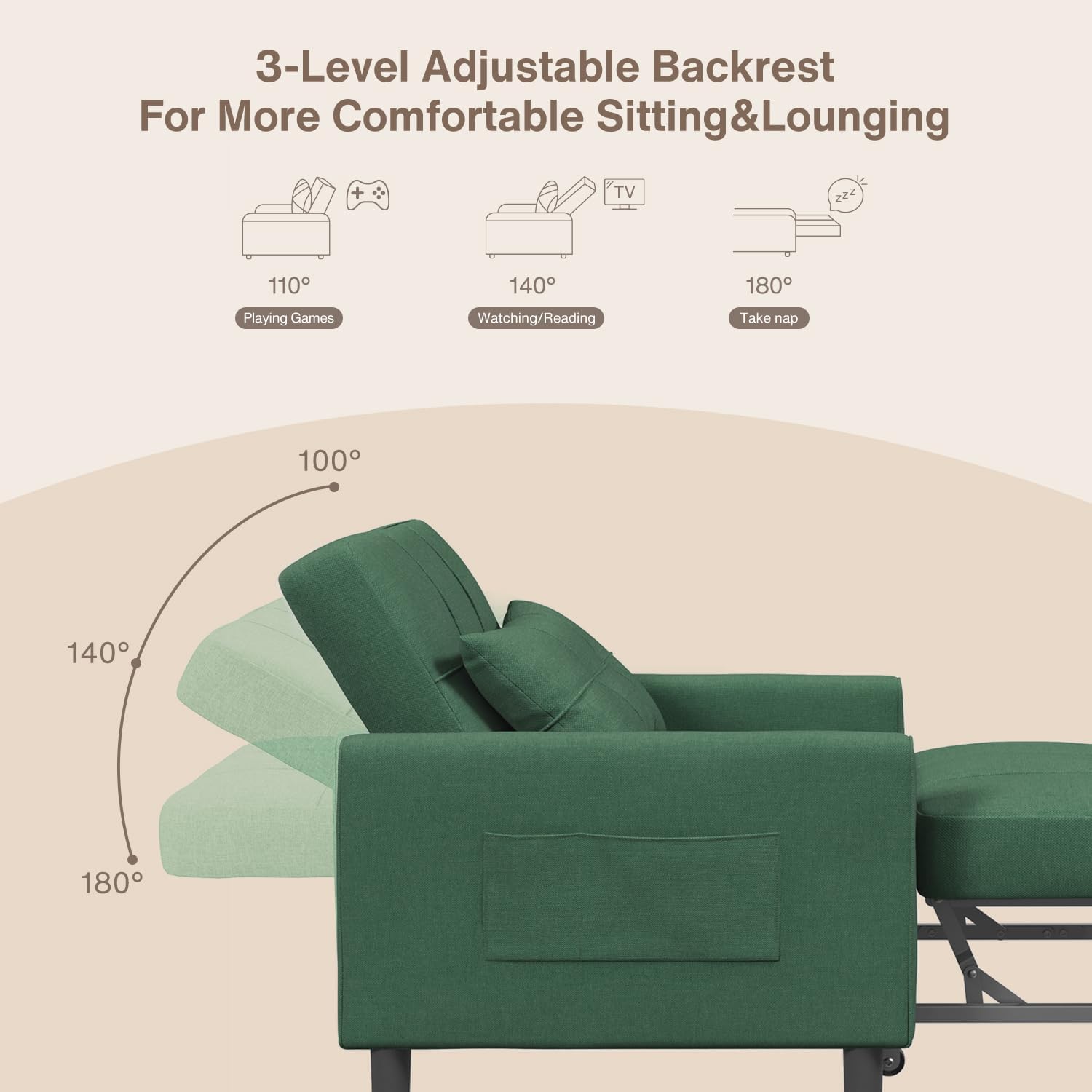 Aiho Convertible Sleeper Chair with Pillow & Pocket, 3-in-1 Sofa Bed in Modern Linen Fabric for Apartment, Green