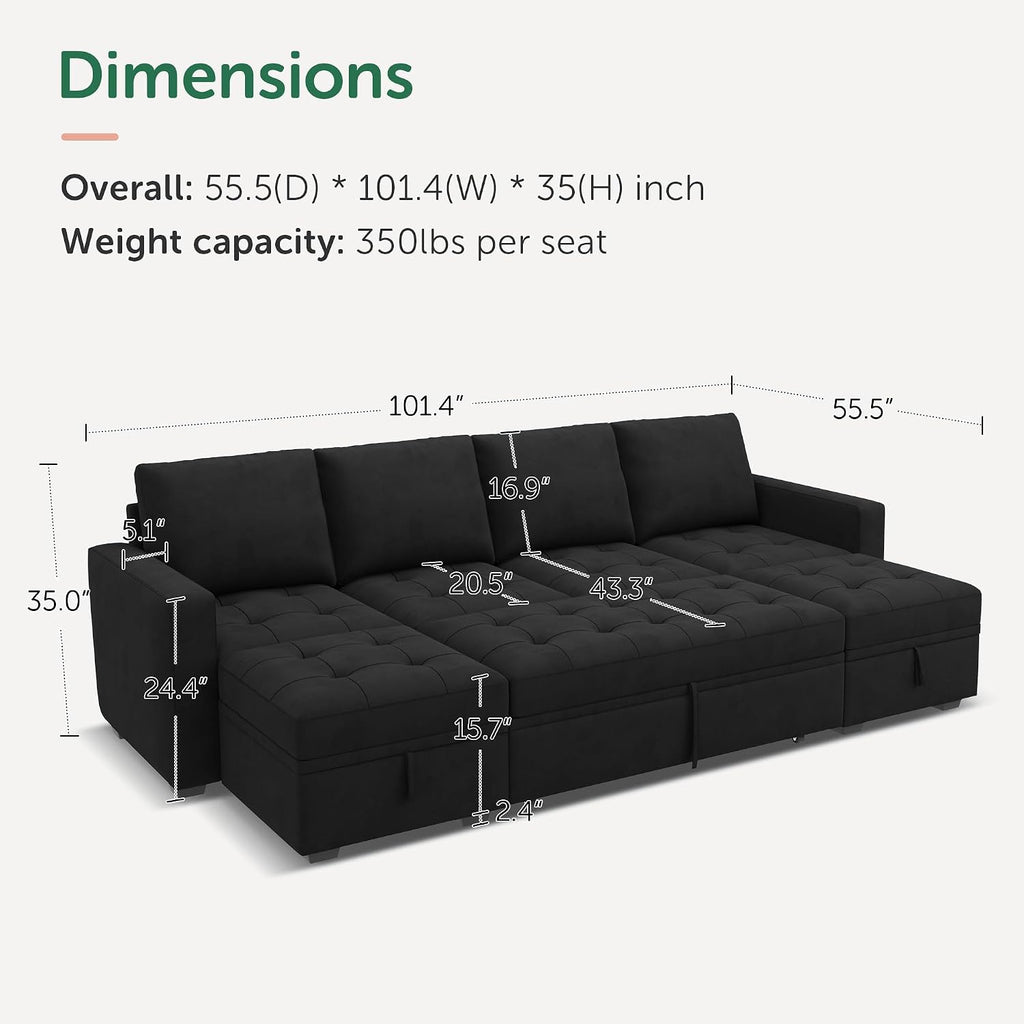 HONBAY Modular Sectional Sleeper Sofa with Pull Out Bed, Velvet Convertible L Shaped Couch with Storage Seat, Sectional Couches for Living Room, Black