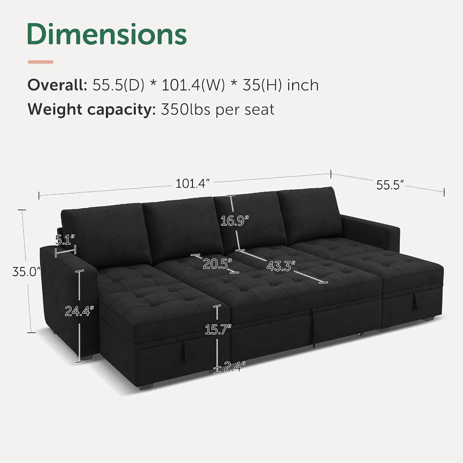 HONBAY Modular Sectional Sleeper Sofa with Pull Out Bed, Velvet Convertible L Shaped Couch with Storage Seat, Sectional Couches for Living Room, Black