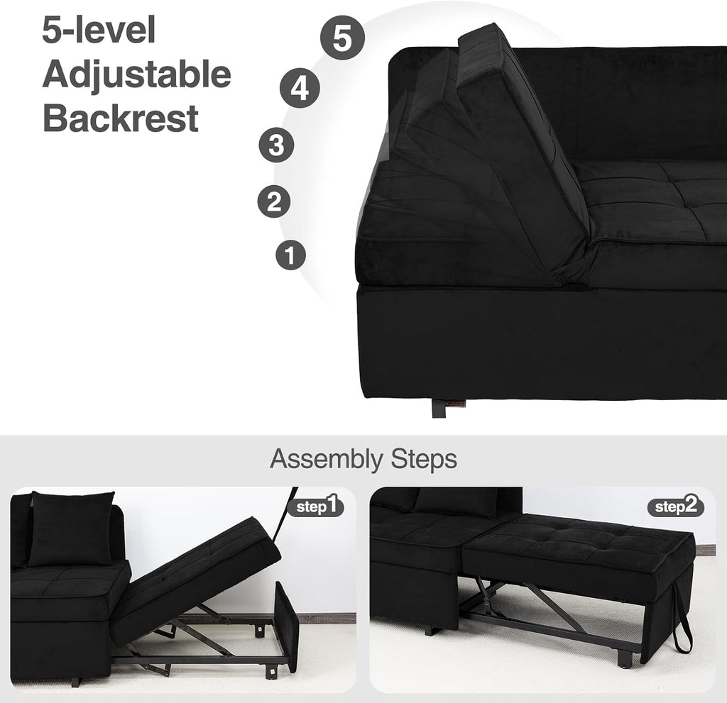 Sofa Bed 4-in-1 Convertible pull out Couch, Velvet Love seat Couch Sleeper Chair Bed with 2 Throw Pillow, Single Recliner with 5 Adjustable Backrests for Living Room Apartment Small Space, Black