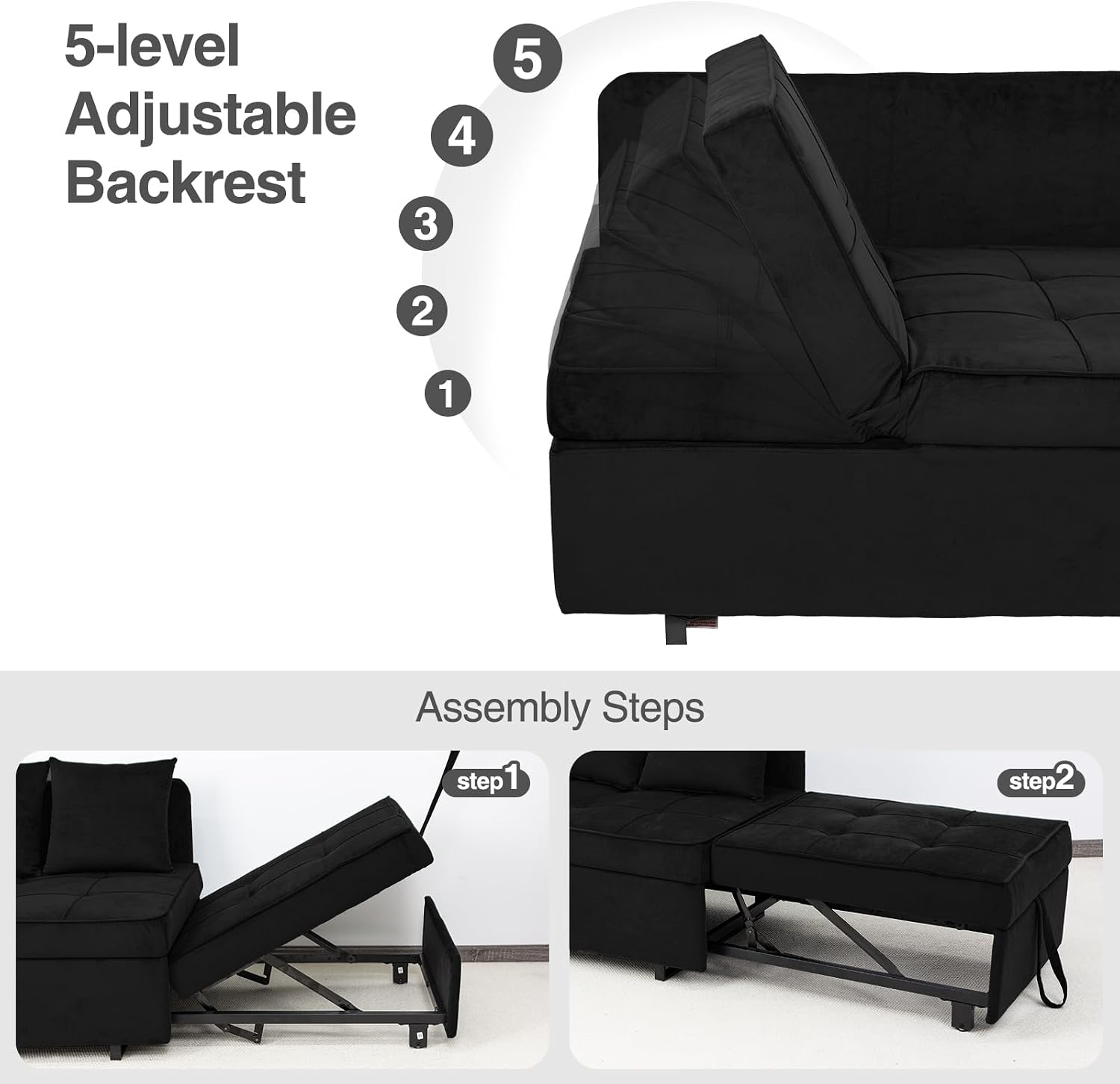 Sofa Bed 4-in-1 Convertible pull out Couch, Velvet Love seat Couch Sleeper Chair Bed with 2 Throw Pillow, Single Recliner with 5 Adjustable Backrests for Living Room Apartment Small Space, Black