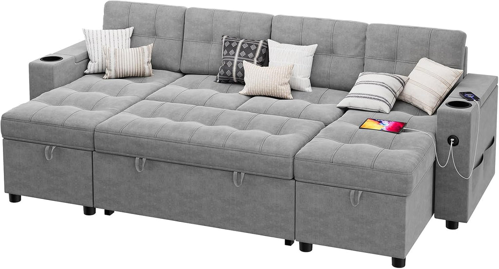 IDEALHOUSE U-Shaped Couches for Living Room, Sofa Bed for Living Room with Reversible Storage Chaises and Hidden Storage Armrests, Cup Holders and USB Charging Ports Included, Light Grey