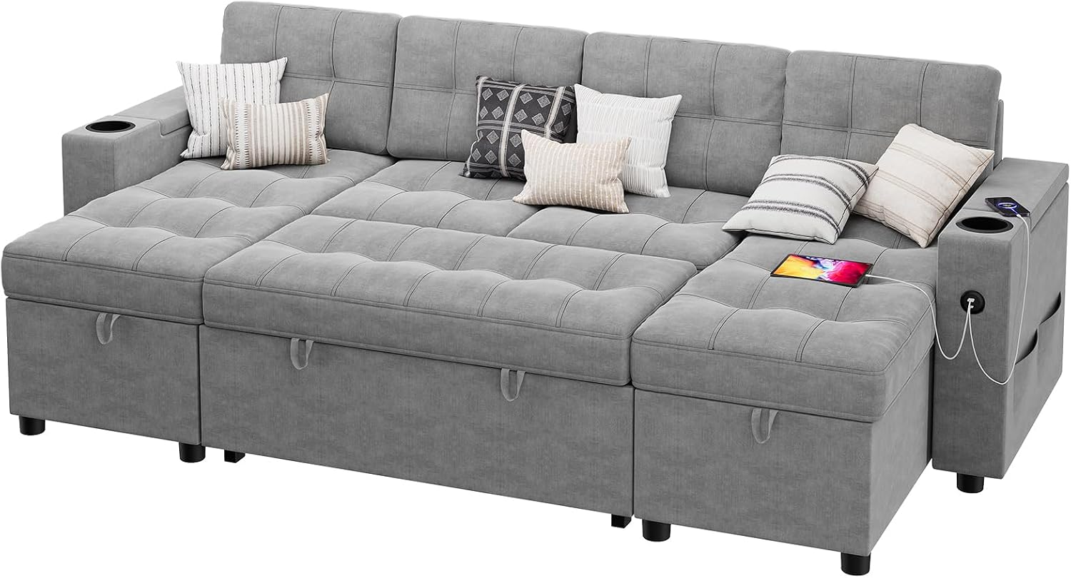 IDEALHOUSE U-Shaped Couches for Living Room, Sofa Bed for Living Room with Reversible Storage Chaises and Hidden Storage Armrests, Cup Holders and USB Charging Ports Included, Light Grey