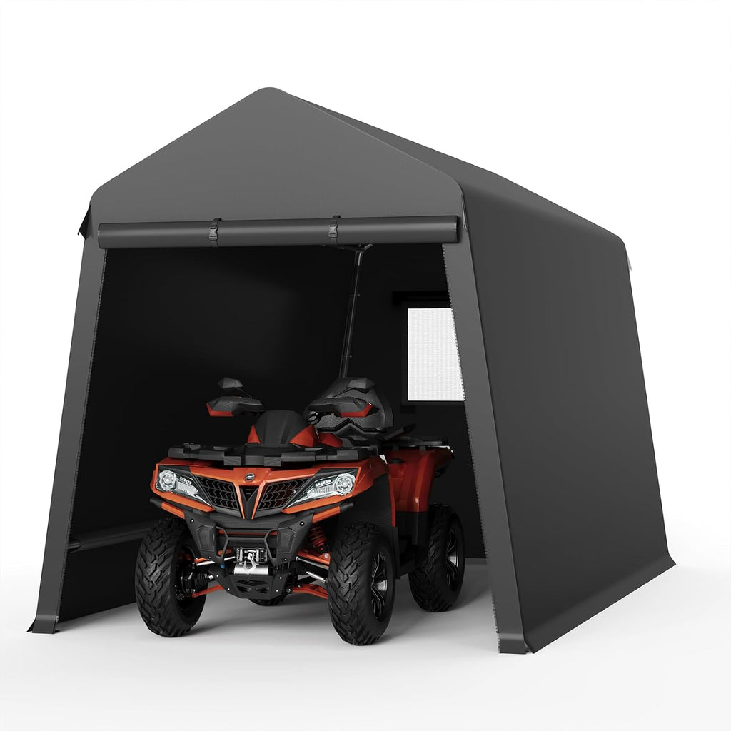 GarveeLife 7X12 ft Heavy Duty Outdoor Shed,Portable Storage Shed,with 2 Rolled Up Zipper Doors,Vents Carports & Waterproof Cover Temporary Shelter for Motorcycle,Gardening Tools and Generator(Black)
