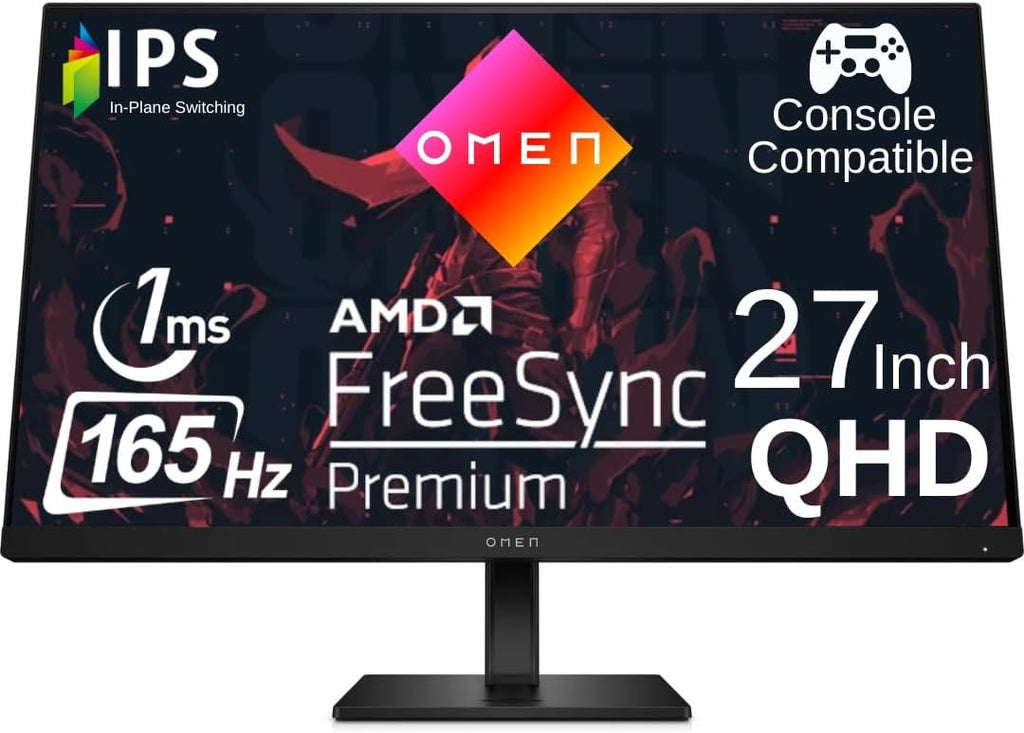 HP OMEN 27q 27 inch QHD Gaming Monitor 165Hz IPS 1ms AMD Freesync Premium Console Compatible DisplayPort Dual HDMI VESA Mountable for Laptop Computer PS5 Xbox Desk Setup, Black (Renewed)